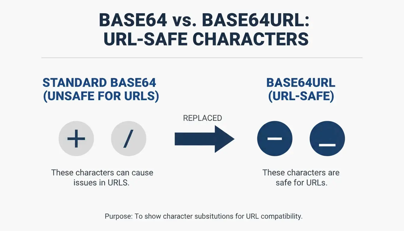 স্ট্যান্ডার্ড Base64 বনাম Base64URL অনিরাপদ অক্ষরগুলির একটি সহজ পাশাপাশি তুলনা।