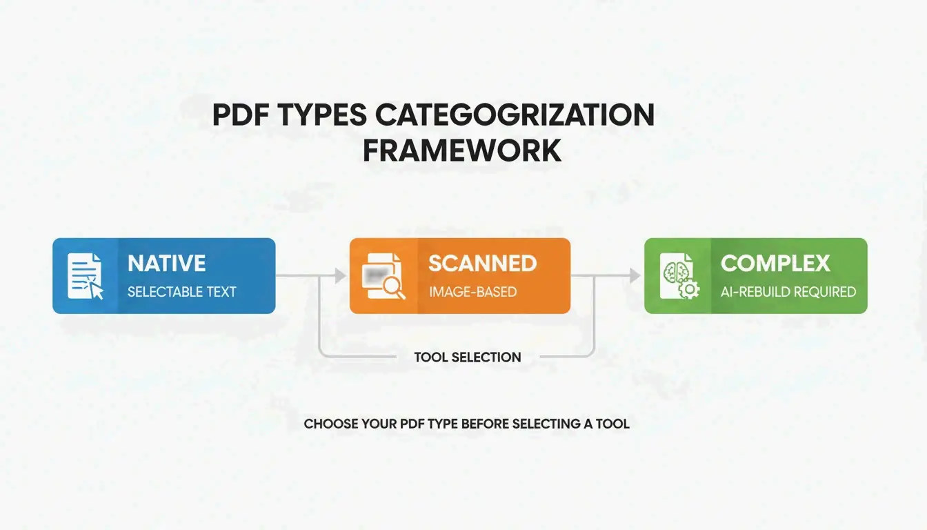 তিন ধরনের PDF-এর একটি সাধারণ ৩-নোড ডায়াগ্রাম: নেটিভ, স্ক্যান করা এবং AI-পুনর্নির্মিত।